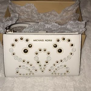 Adele Embellished Leather Wallet in optic white
